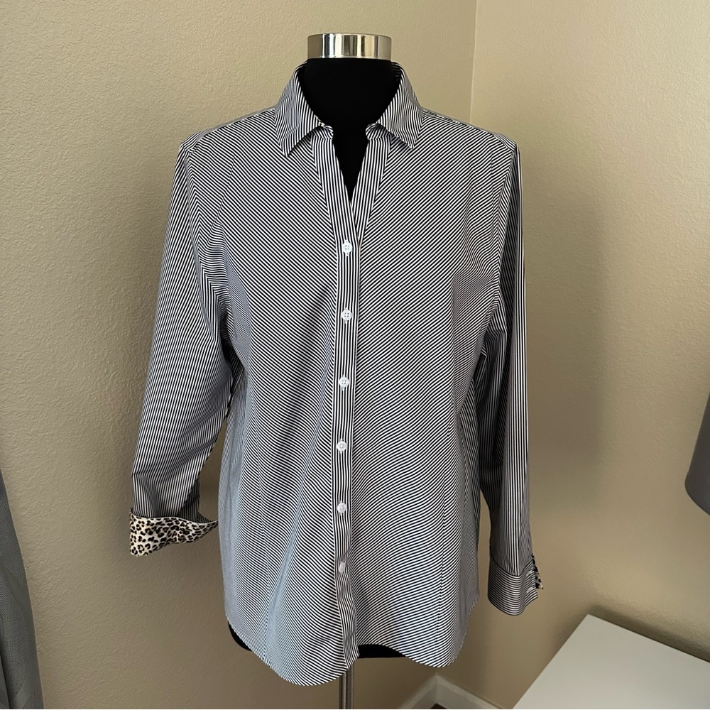 Chico's Black and White Striped Button Down Shirt